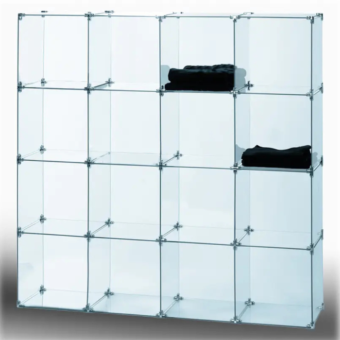 Modular 4x4 glass cube display unit with 14"x14" tempered glass and connectors for retail and home use